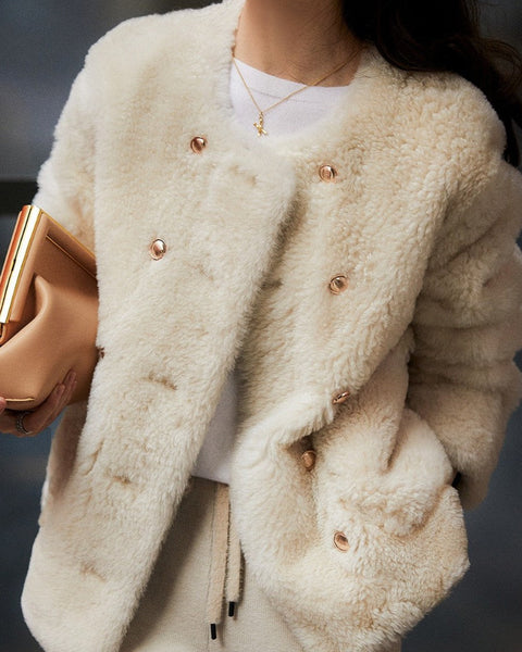 フェイクムートン コート レディース ボア ジャケット ダブルボタン ノーカラー ふわふわ あったか きれいめ 大人可愛い 通勤 カジュアル 秋冬 新作 人気 ID1860