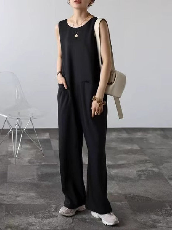韓国風 後ろⅤネック オールインワン ワイドパンツ 黒 ゆったり クール素材 インスタ映え カジュアル 通勤 お出かけ兼用 ID1168