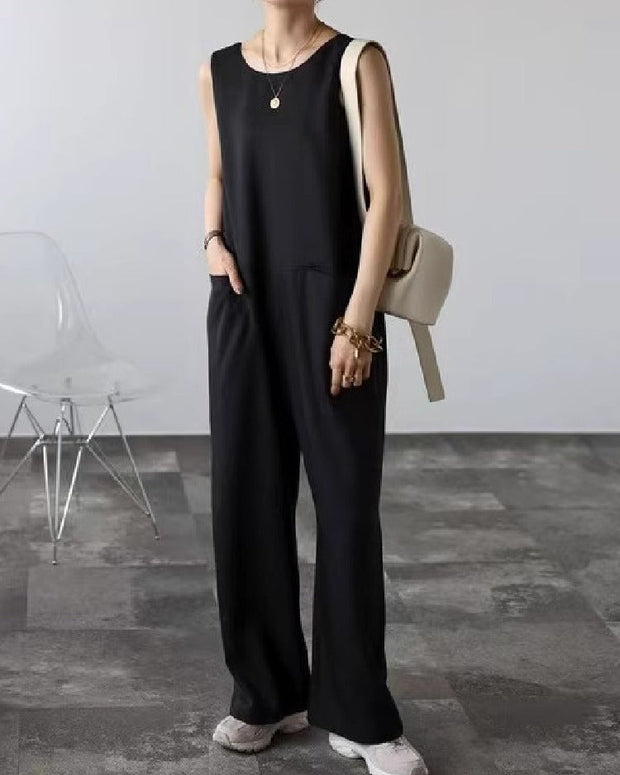 韓国風 後ろⅤネック オールインワン ワイドパンツ 黒 ゆったり クール素材 インスタ映え カジュアル 通勤 お出かけ兼用 ID1168
