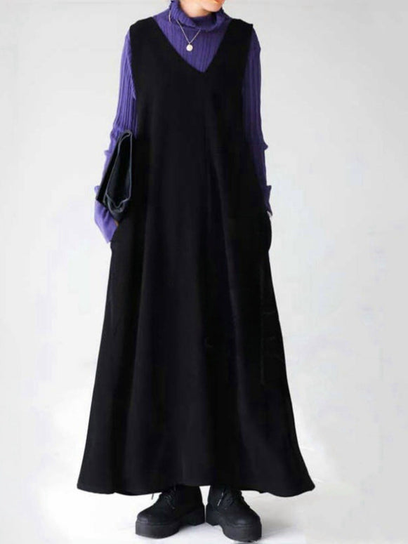 2WAY Vネック サロペット ワンピース レディース ロング丈 マキシ丈 ジャンパースカート ゆったり 体型カバー シンプル モード系 大人可愛い レイヤードコーデ 秋冬 新作 ID1897