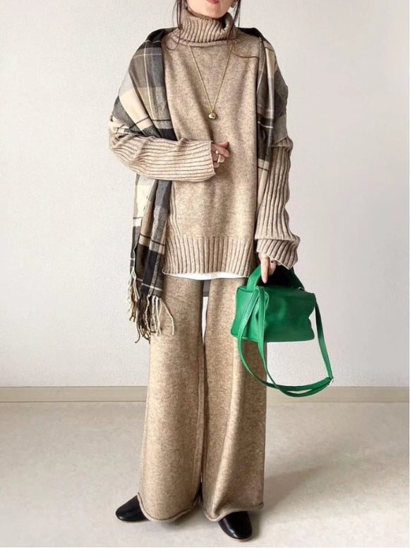 「今だけ特価」ニット セットアップ レディース ハイネック トップス + ワイドパンツ 2点セット ゆったり 体型カバー 大人カジュアル 通勤 秋冬 新作 ID2144