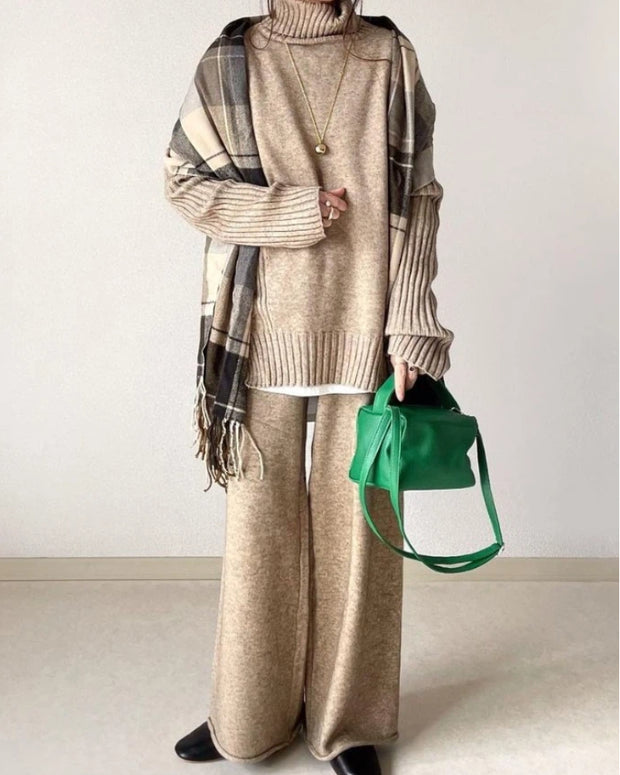 「今だけ特価」ニット セットアップ レディース ハイネック トップス + ワイドパンツ 2点セット ゆったり 体型カバー 大人カジュアル 通勤 秋冬 新作 ID2144