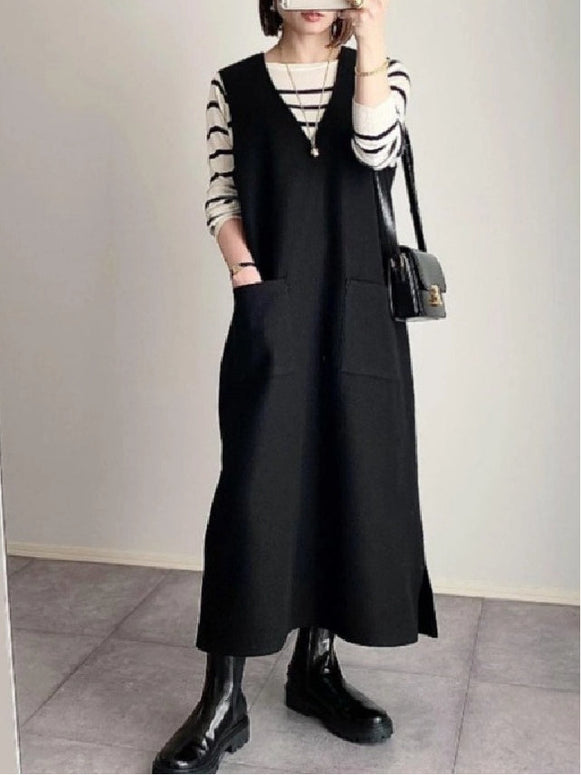 Vネック ワンピース レディース きれいめ すっきり スリット 高見え 体型カバー 30代 40代 50代 ロングワンピース 秋 冬 春　ID1849