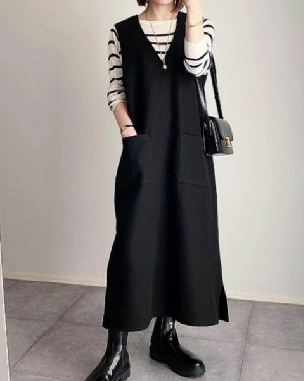 Vネック ワンピース レディース きれいめ すっきり スリット 高見え 体型カバー 30代 40代 50代 ロングワンピース 秋 冬 春　ID1849