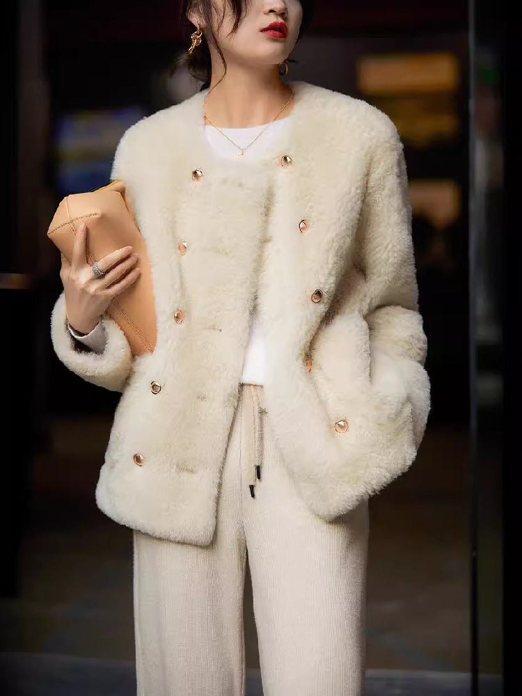 フェイクムートン コート レディース ボア ジャケット ダブルボタン ノーカラー ふわふわ あったか きれいめ 大人可愛い 通勤 カジュアル 秋冬 新作 人気 ID1860