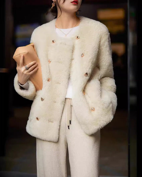 フェイクムートン コート レディース ボア ジャケット ダブルボタン ノーカラー ふわふわ あったか きれいめ 大人可愛い 通勤 カジュアル 秋冬 新作 人気 ID1860