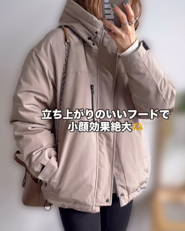 立ち上がりフード 中綿ジャケット ゆったり 体型カバー 防寒 暖かい カジュアル アウター レディース 冬 ID2289