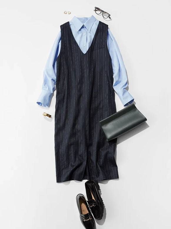 「SNSバズり中」2点セット シャツ＋ストライプキャミワンピース レディース トップス レオヤード 上品 きれいめ Vネック ロングワンピース キャミソールワンピース キャミワンピ  30代 40代 50代 ID1296