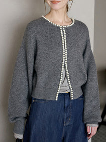 「大特価セール」パールカーディガン 長袖 ニット カーディガン レディース トップス セーター ニットカーディガン 軽アウター 羽織り 体型カバー ゆったり ボリューム袖 無地 ボーダー セレモニー きれいめ オフィス カジュアル 秋服 冬服 あったか 暖か 防寒 ID1688
