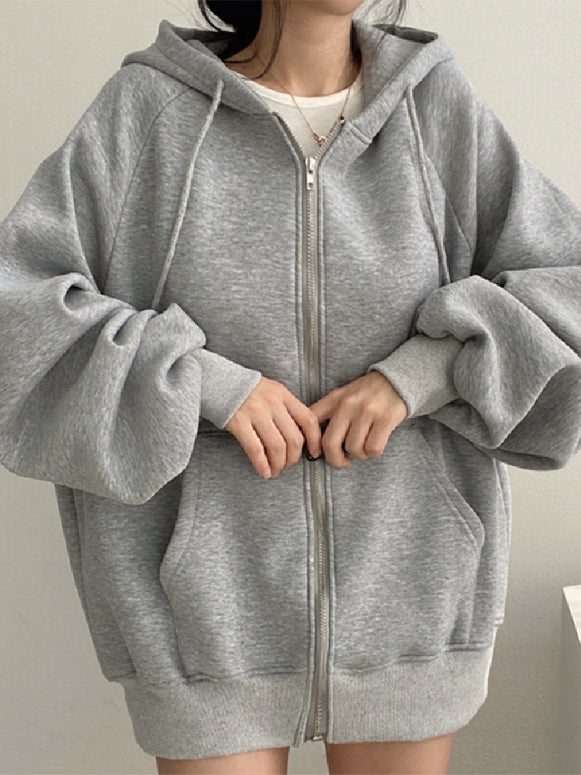 フード付き ジップパーカー レディース バルーンスリーブ オーバーサイズ 裏起毛 秋冬 アウター カジュアル ID2198