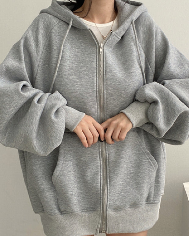フード付き ジップパーカー レディース バルーンスリーブ オーバーサイズ 裏起毛 秋冬 アウター カジュアル ID2198