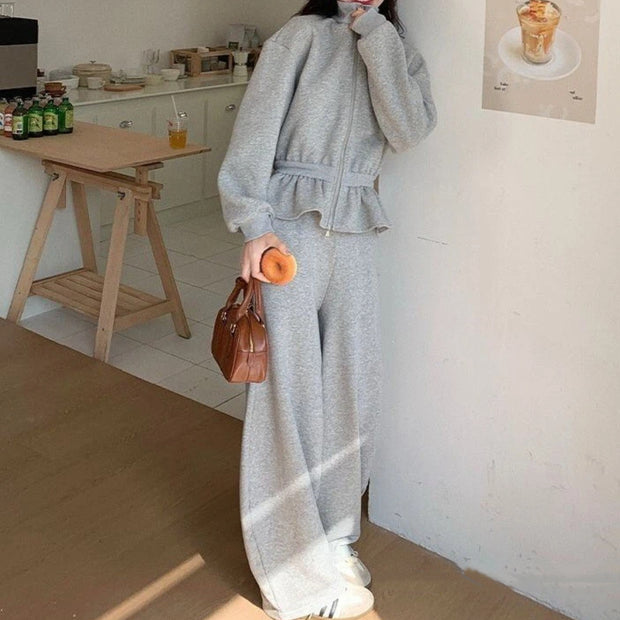 2点セット スウェットセットアップ レディース ジップアップ 長袖 トップス ワイドパンツ 体型カバー 楽ちんカジュアル おしゃれ リラックスコーデ 普段着 部屋着 ルームウェア ID2261