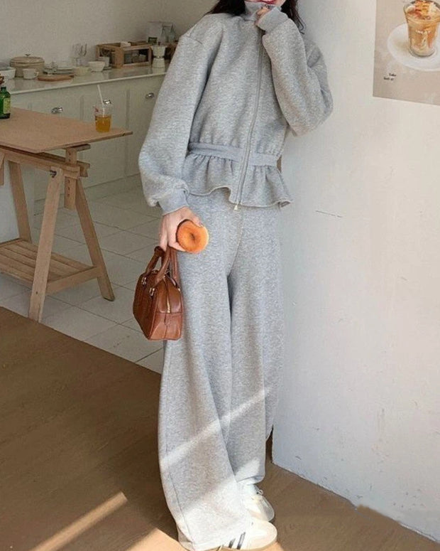 2点セット スウェットセットアップ レディース ジップアップ 長袖 トップス ワイドパンツ 体型カバー 楽ちんカジュアル おしゃれ リラックスコーデ 普段着 部屋着 ルームウェア ID2261