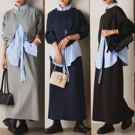 【3点セット】デザイン感 リボンシャツ レイヤード スウェット スカート 3色展開 セットアップ 春 秋 ID1792