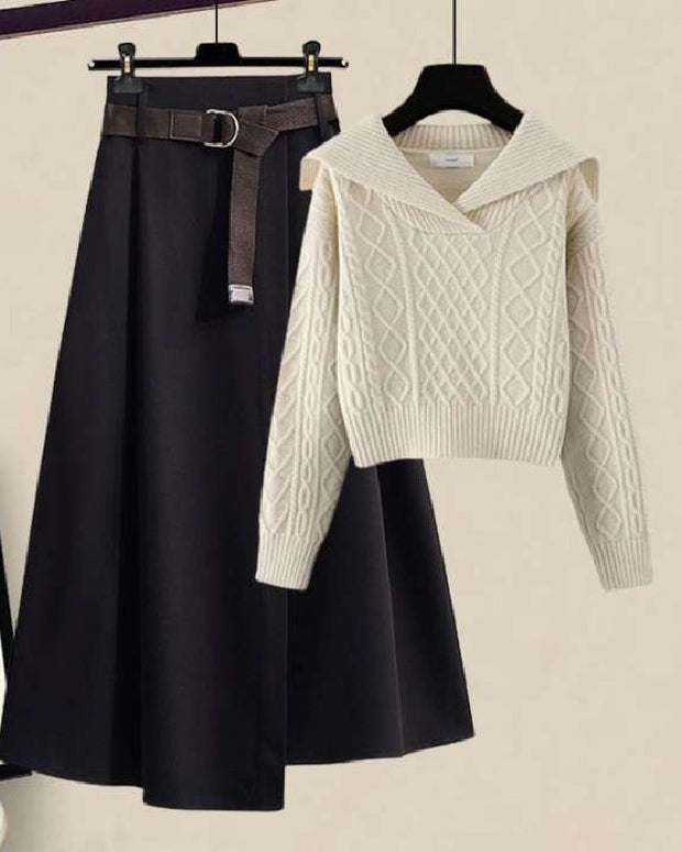 2点セット ケーブルニット + フレアスカート レディース 上下セット セットアップ 体型カバー 上品 フェミニン 通勤 通学 デート 秋冬 コーデ完成 おしゃれ 楽ちん 大人可愛い ID2217
