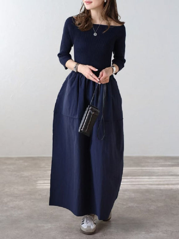 ボートネック ワンピース レディース 七分袖 ロング丈 シンプル 無地 きれいめ 上品 体型カバー 大人カジュアル 通勤 通学 デイリー 春秋新作 ID1819