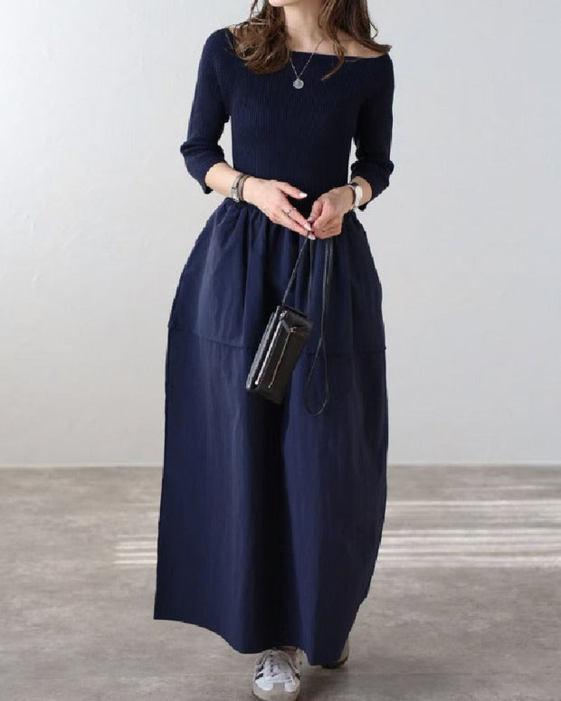 ボートネック ワンピース レディース 七分袖 ロング丈 シンプル 無地 きれいめ 上品 体型カバー 大人カジュアル 通勤 通学 デイリー 春秋新作 ID1819