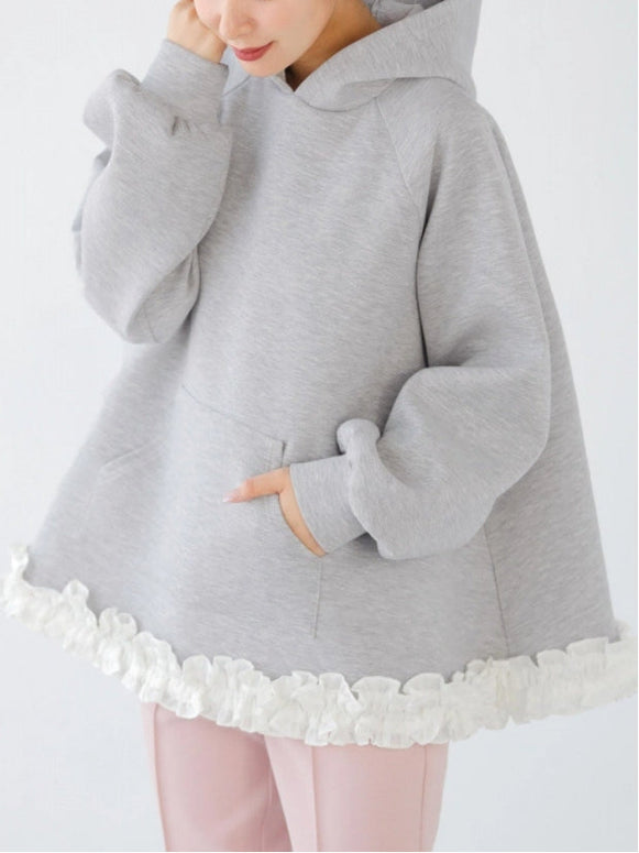 3色展開 フリル 裾 ラッフル パーカー レディース 裏起毛 ゆったり 長袖 スウェット トップス 体型カバー カジュアル 可愛い おしゃれ 秋冬 新作 人気 ID1869