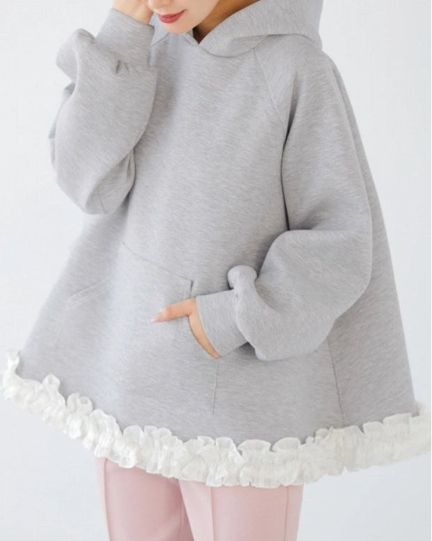 3色展開 フリル 裾 ラッフル パーカー レディース 裏起毛 ゆったり 長袖 スウェット トップス 体型カバー カジュアル 可愛い おしゃれ 秋冬 新作 人気 ID1869