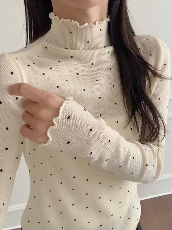 ハイネック ニットトップス レディース ドット柄 リブニット 長袖 伸縮性 インナー 秋冬 きれいめ 大人可愛い フェミニン 重ね着 通勤 通学 デイリーコーデ 防寒 インナーウェア ID2227