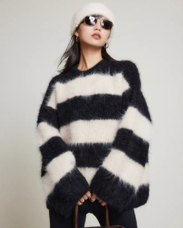 「年に一度の大放出」ストライプ ニット セーター  ボア糸 けし毛風 あったか 厚手 タートルネック ニットトップス 大きいサイズ 極暖 厚手 ボア ニット かわいい おしゃれ ルームウェア デイリー ID2093