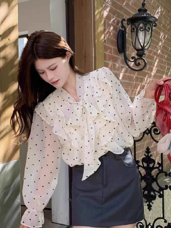 清楚系 フリル ドット柄 ブラウス レディース 長袖 上品 シアー感 オフィスカジュアル フェミニン おしゃれ 通勤 ID1461