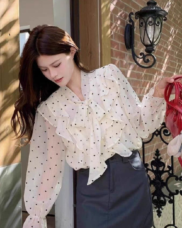 清楚系 フリル ドット柄 ブラウス レディース 長袖 上品 シアー感 オフィスカジュアル フェミニン おしゃれ 通勤 ID1461