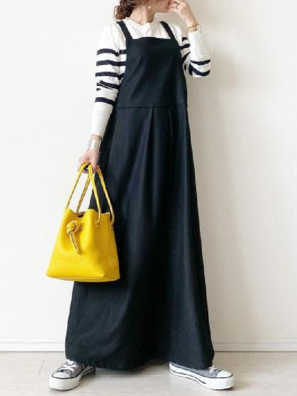 ジャンパースカート ロング丈 サロペットワンピース レディース キャミワンピース 圧着プリーツ ゆったり 体型カバー カジュアル 重ね着 春秋 黒 ブラック ID1178