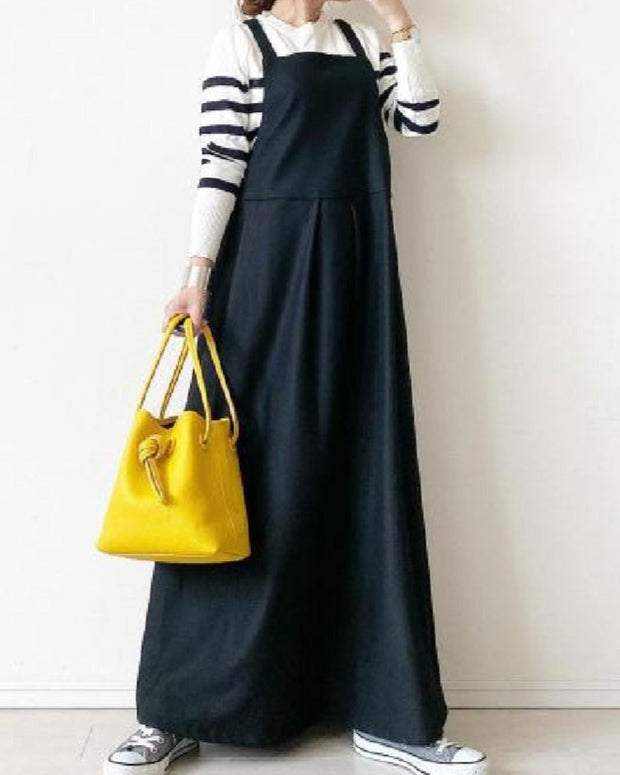 ジャンパースカート ロング丈 サロペットワンピース レディース キャミワンピース 圧着プリーツ ゆったり 体型カバー カジュアル 重ね着 春秋 黒 ブラック ID1178