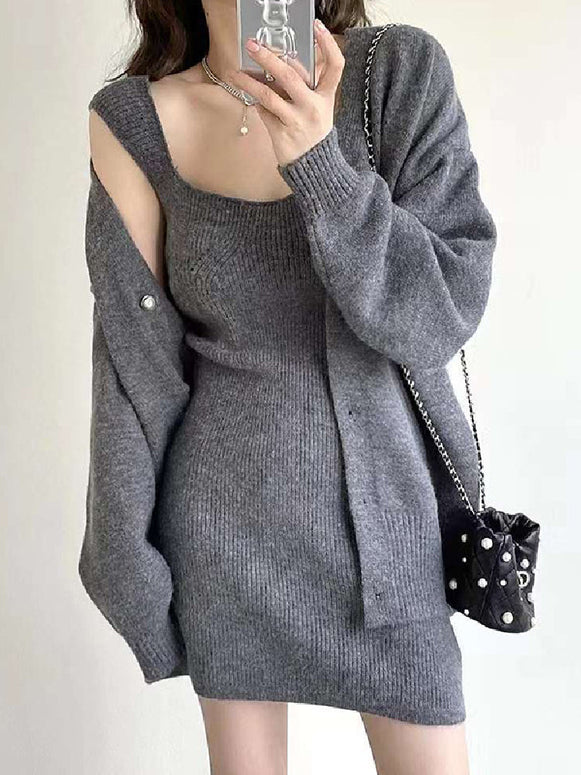 セットアップ レディース 2点セット カーディガン＋スクエアネック ニットワンピース 秋冬 長袖 羽織り エレガント シンプル 大人可愛い 通勤 デート ID1436