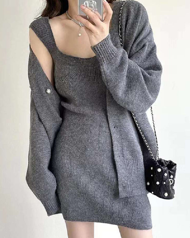 セットアップ レディース 2点セット カーディガン＋スクエアネック ニットワンピース 秋冬 長袖 羽織り エレガント シンプル 大人可愛い 通勤 デート ID1436