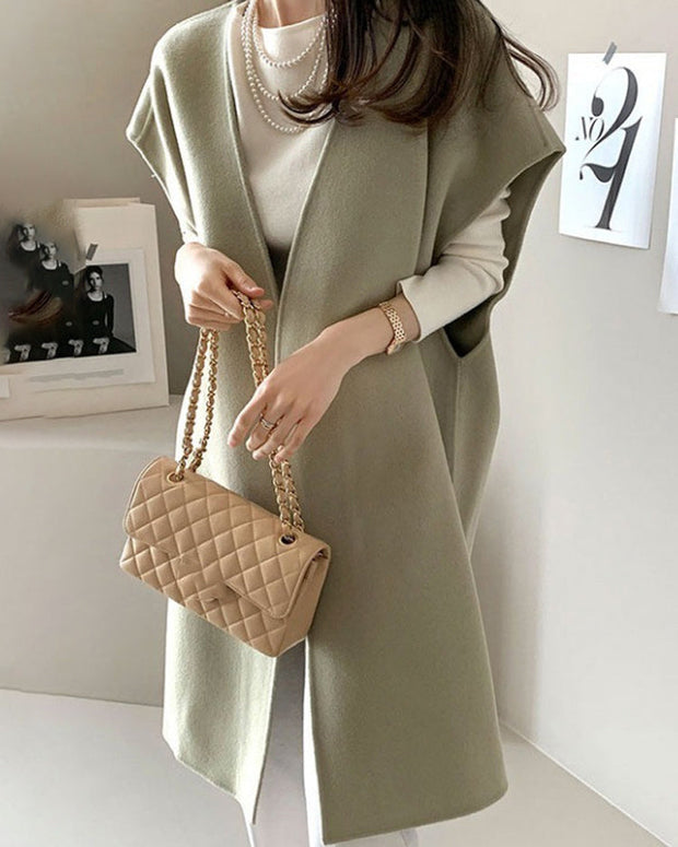 ノーカラー ベストコート レディース ウールコート ノースリーブ アウター ゆったり 体型カバー おしゃれ 大人カジュアル 上品 きれいめ 通勤 通学 秋冬 ロングジレ ID1815