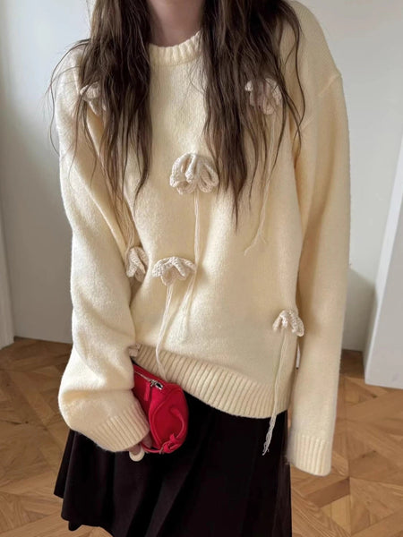 「今だけ特価」フラワーモチーフ ニット セーター レディース ふんわり 柔らかい 可愛い デザインニット 秋冬 トップス ID2189