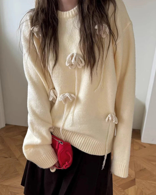 「今だけ特価」フラワーモチーフ ニット セーター レディース ふんわり 柔らかい 可愛い デザインニット 秋冬 トップス ID2189