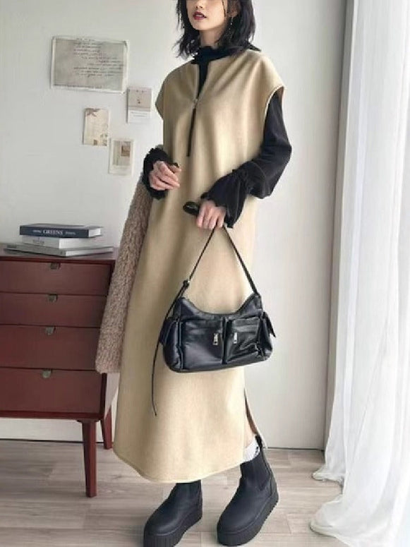 ワンピース レディース 前後 2way フェイク ウール 素材 ハーフ　ジップ ワンピ オーバーサイズ ロングシーズン 裾 スリット ID1704