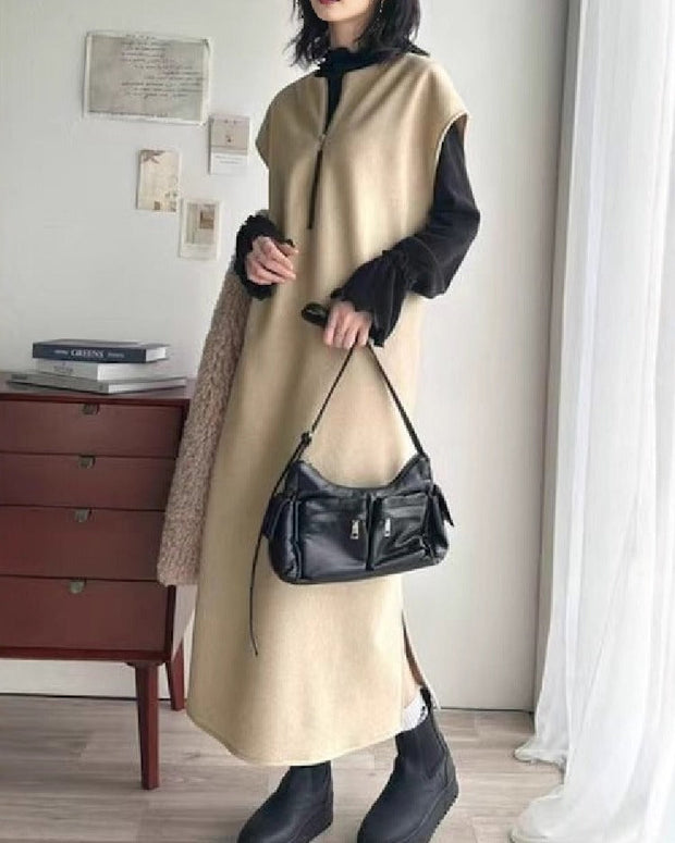 ワンピース レディース 前後 2way フェイク ウール 素材 ハーフ　ジップ ワンピ オーバーサイズ ロングシーズン 裾 スリット ID1704