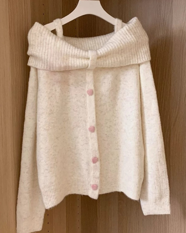 オフショルダー リボン ニットセーター レディース 一字ネック 長袖 かわいい 愛ハートボタン フェミニン ガーリー 秋冬 新作 ID2165