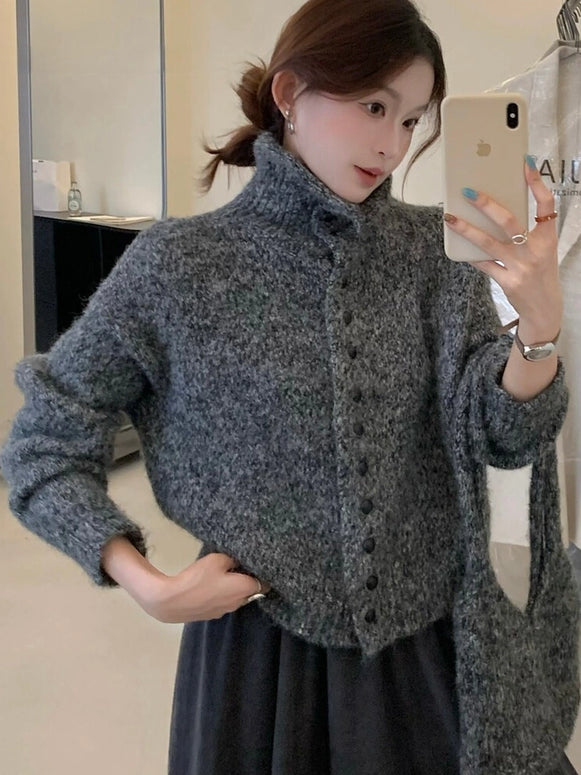 ハイネック ニットカーディガン レディース 長袖 ショート丈 無地 ボタン付き ゆったり きれいめ シンプル 大人カジュアル 秋冬 新作 ID2166