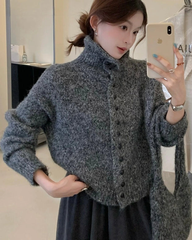 ハイネック ニットカーディガン レディース 長袖 ショート丈 無地 ボタン付き ゆったり きれいめ シンプル 大人カジュアル 秋冬 新作 ID2166