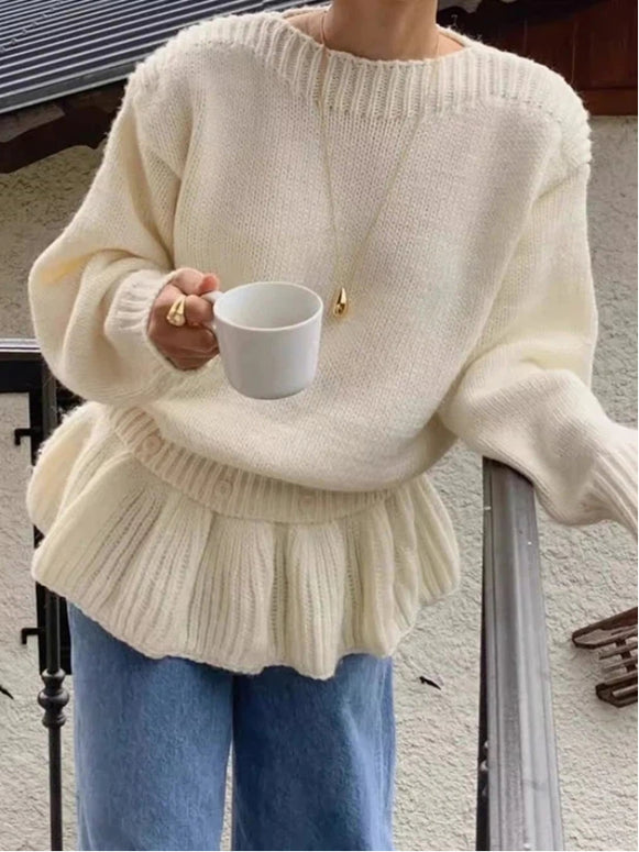 ペプラム風 ニット セーター レディース 取り外し可能 裾フリル デザイン 体型カバー ゆったり 可愛い 秋冬 トップス おしゃれ カジュアル 通勤コーデ デイリー 防寒 暖かい ID2207