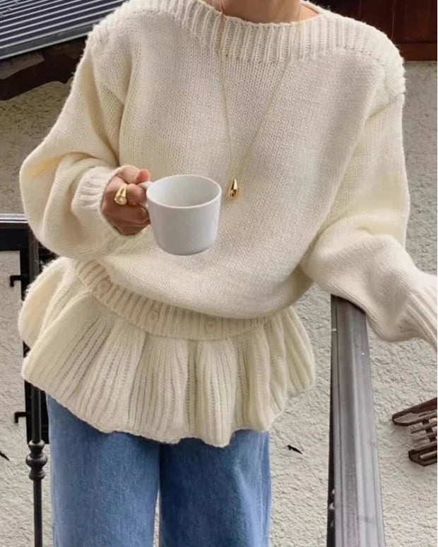 ペプラム風 ニット セーター レディース 取り外し可能 裾フリル デザイン 体型カバー ゆったり 可愛い 秋冬 トップス おしゃれ カジュアル 通勤コーデ デイリー 防寒 暖かい ID2207