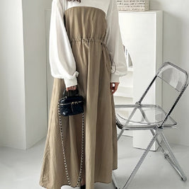 異素材切替 ワンピース レディース 長袖 ボーダー柄 ウエスト絞り ロング丈 ゆったり 体型カバー カジュアル おしゃれ 大人可愛い モードスタイル 秋冬新作 ID1832