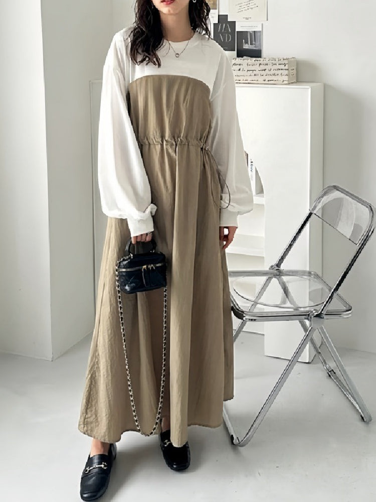 異素材切替 ワンピース レディース 長袖 ボーダー柄 ウエスト絞り ロング丈 ゆったり 体型カバー カジュアル おしゃれ 大人可愛い モードスタイル 秋冬新作 ID1832