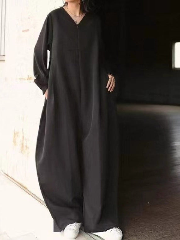 オールインワン レディース 秋新作 Vネック 長袖 ゆったり ワイドパンツ ロング丈 無地 シンプル 着痩せ 大人カジュアル 体型カバー 通勤 黒 モード系 ID1196