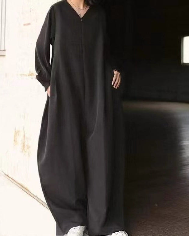 オールインワン レディース 秋新作 Vネック 長袖 ゆったり ワイドパンツ ロング丈 無地 シンプル 着痩せ 大人カジュアル 体型カバー 通勤 黒 モード系 ID1196