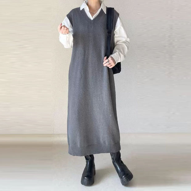 ID73 Maxi Dress, Loose Silhouette, Slim, V-Neck, Sleeveless, Midi Length, Vest Dress, Knit, Long Vest 