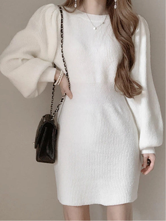 ニットワンピース レディース 長袖 ぽわん袖 ミニ丈 タイト シンプル きれいめ 大人可愛い 秋冬 新作 ID2045