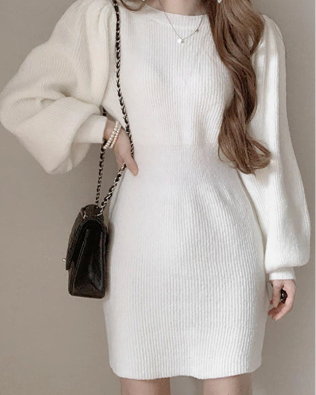 ニットワンピース レディース 長袖 ぽわん袖 ミニ丈 タイト シンプル きれいめ 大人可愛い 秋冬 新作 ID2045