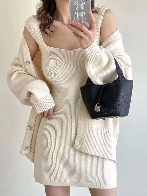 セットアップ レディース 2点セット カーディガン＋スクエアネック ニットワンピース 秋冬 長袖 羽織り エレガント シンプル 大人可愛い 通勤 デート ID1436