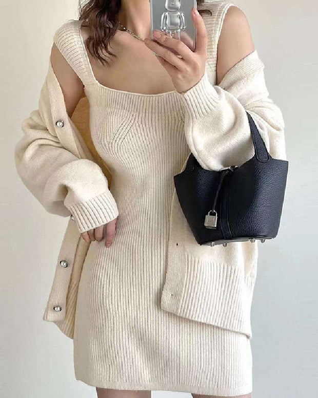 セットアップ レディース 2点セット カーディガン＋スクエアネック ニットワンピース 秋冬 長袖 羽織り エレガント シンプル 大人可愛い 通勤 デート ID1436